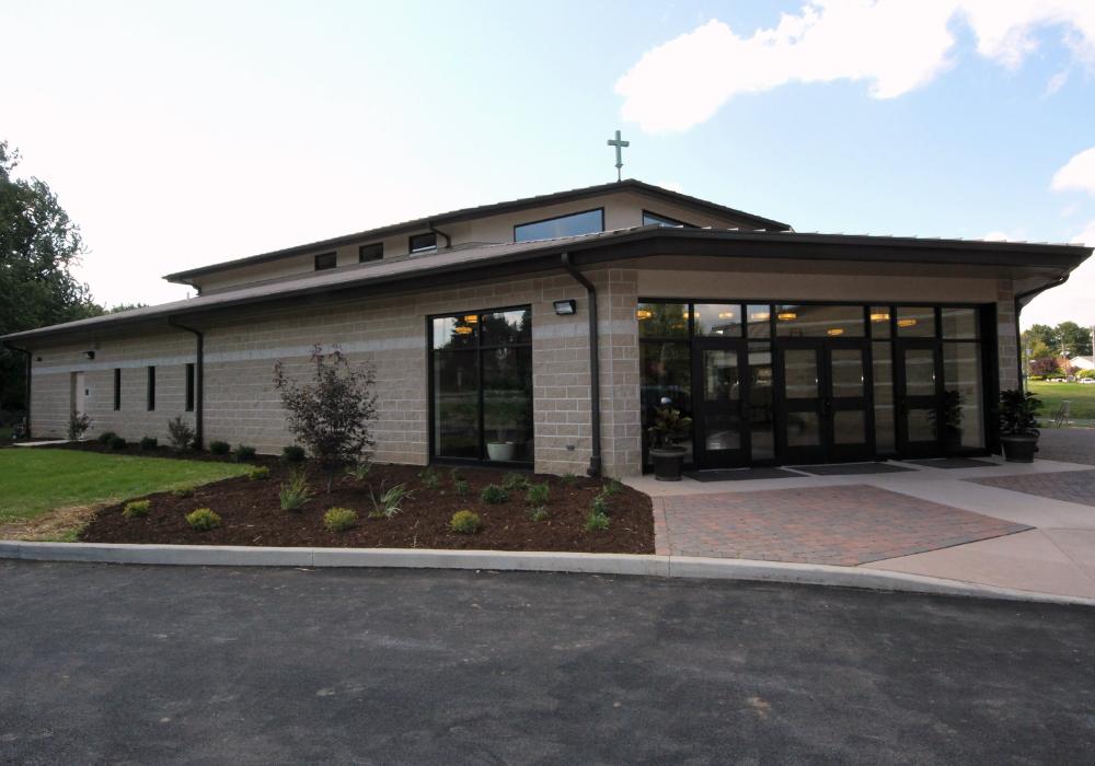 exterior church with gray brick