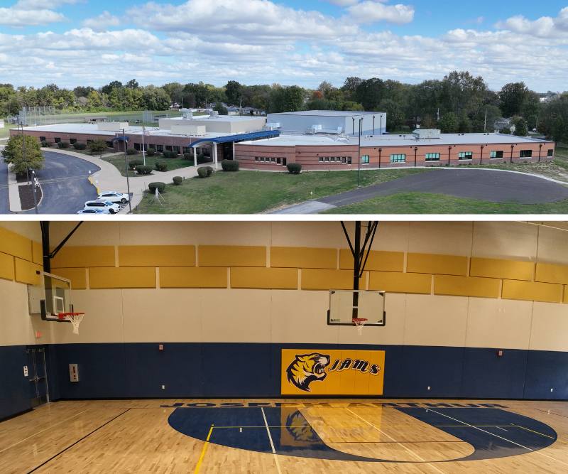 Exterior of a middle school and interior of a school gym