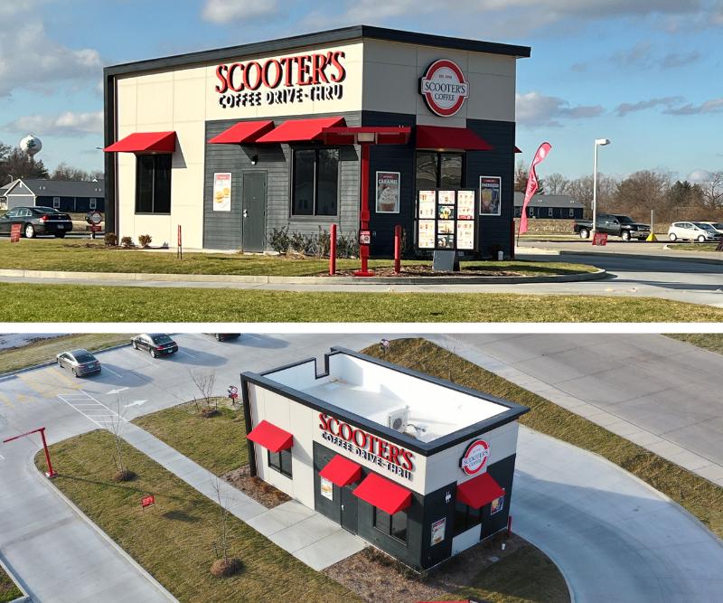 The exterior and aerial shot of a coffee shop