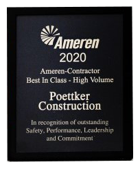 A plaque that reads "Ameren Contractor Best in Class - High Volume"