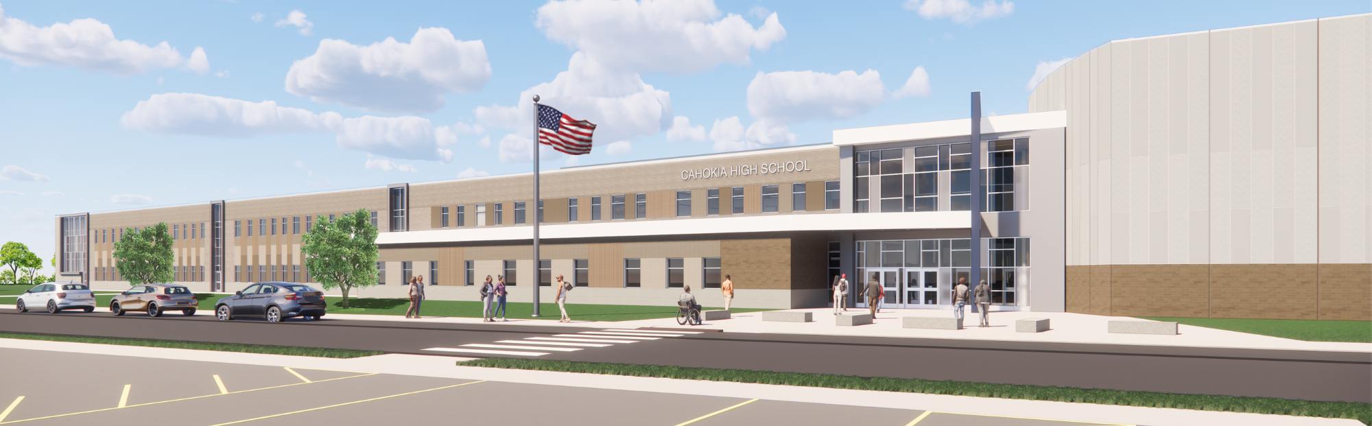 Cahokia HS_Website Hero_2000x621 A rendering of a concrete school building with a blue sky and fluffy clouds