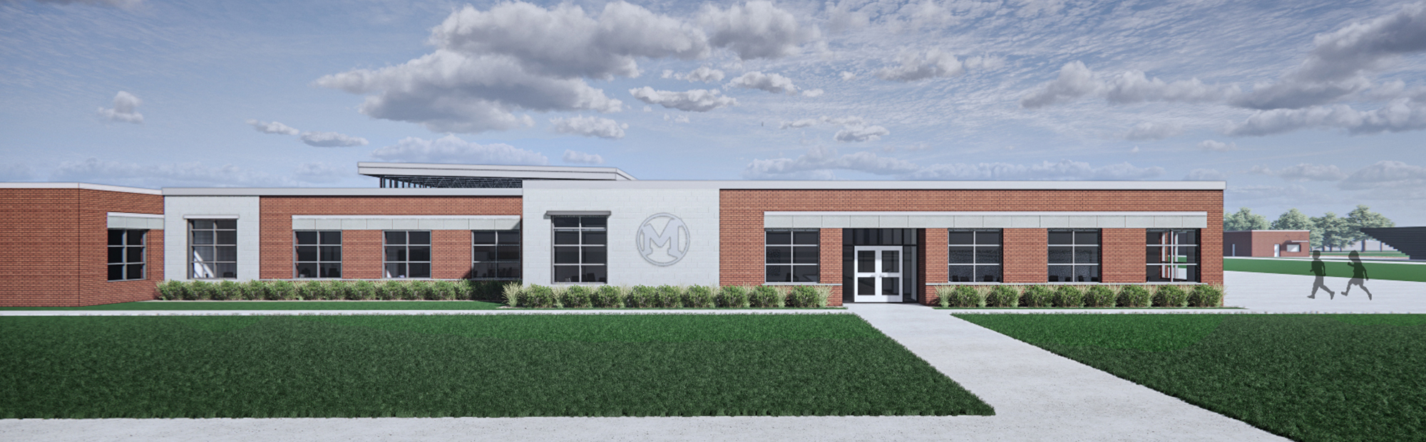 Mascoutah MS Add & Reno 2024_300_2024-07-19_Front_cFGMA-2000×621 Rendering of a brick middle school with concrete accents
