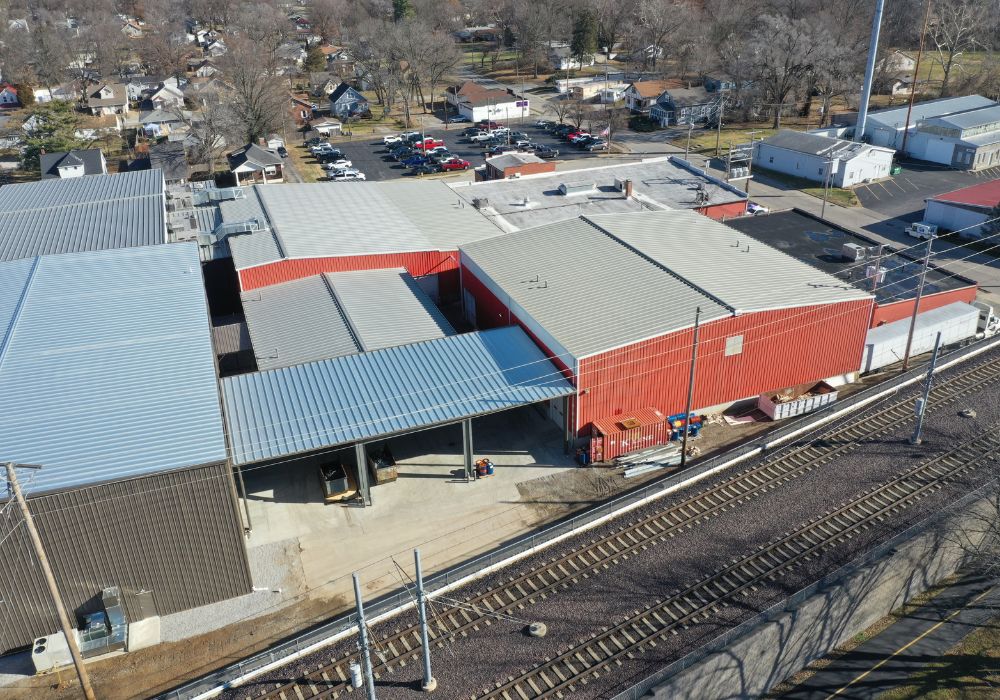 Aerial view of a cluster of buildings