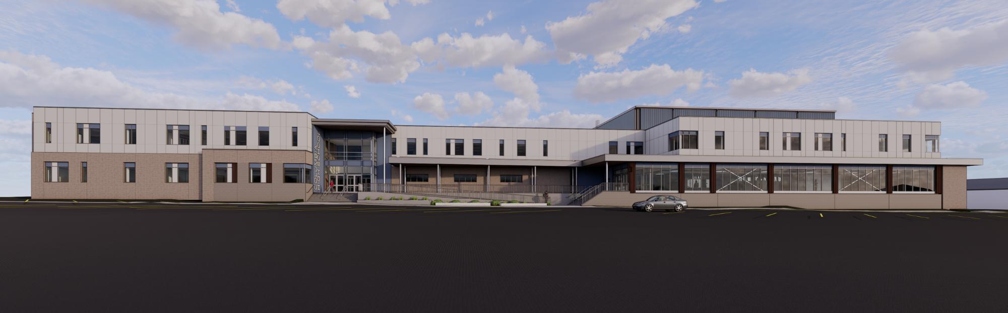 Columbia HS Add & Reno_Website Hero_2000x621 Digital rendering of a khaki-colored high school