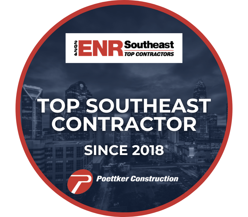 Dark blue round emblem with the Poettker Construction logo