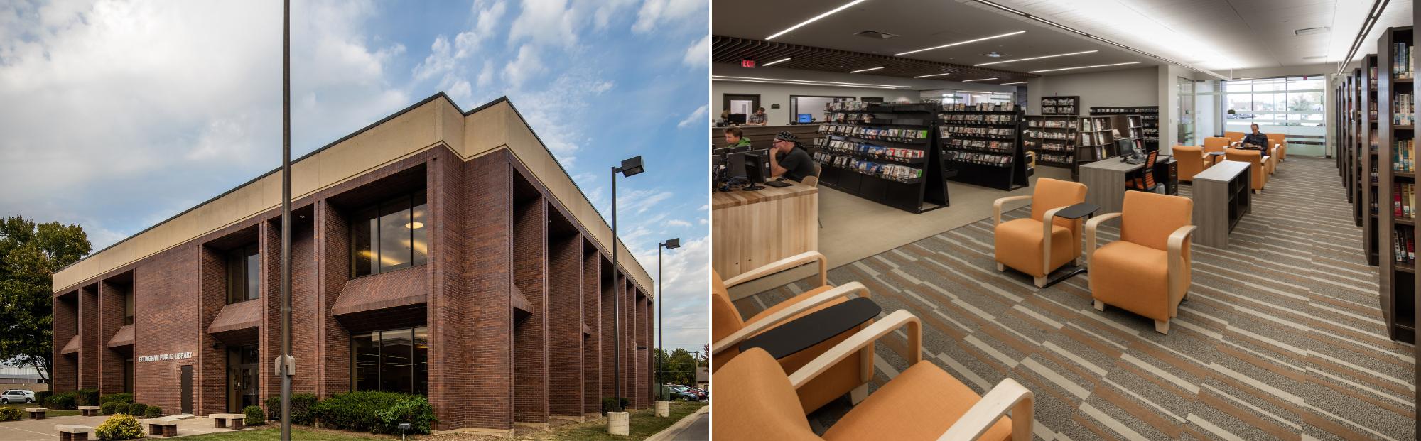 Effingham Library_Website Hero_2000x621 (2) Collage with a two story brown brick building on the left and a library with orange chairs and book shelves on the right.