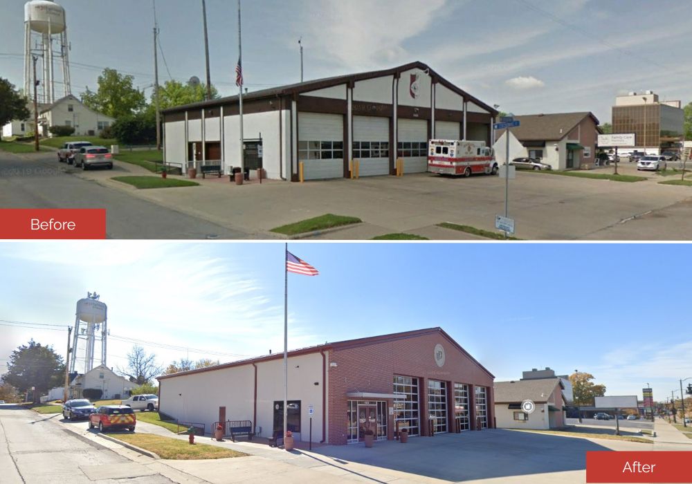 Highland Fire Station _Website Body_1000x700 Exterior before photo of a white fire station and an after picture with red brick.