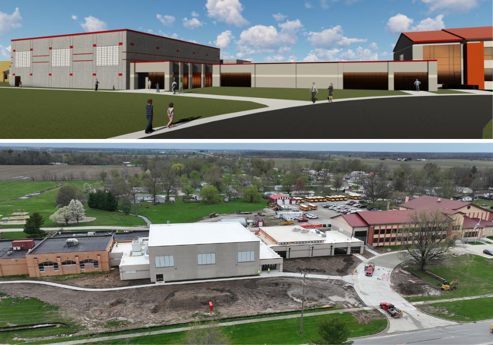A digital rendering of a school paired with an image of the building under construction