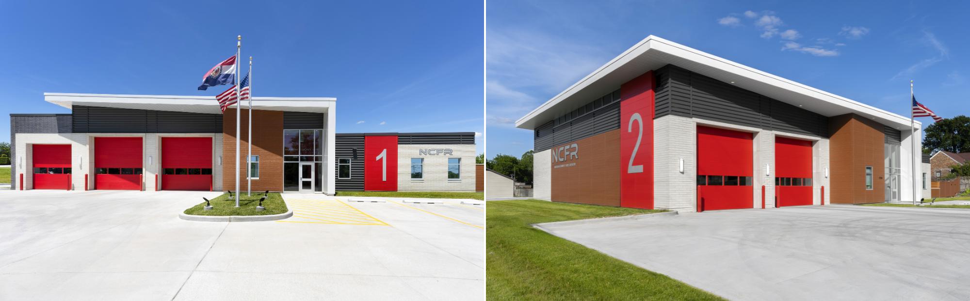 North County Fire_Website Hero_2000x621 Two fire stations with red doors and white, dark gray, and brown accents