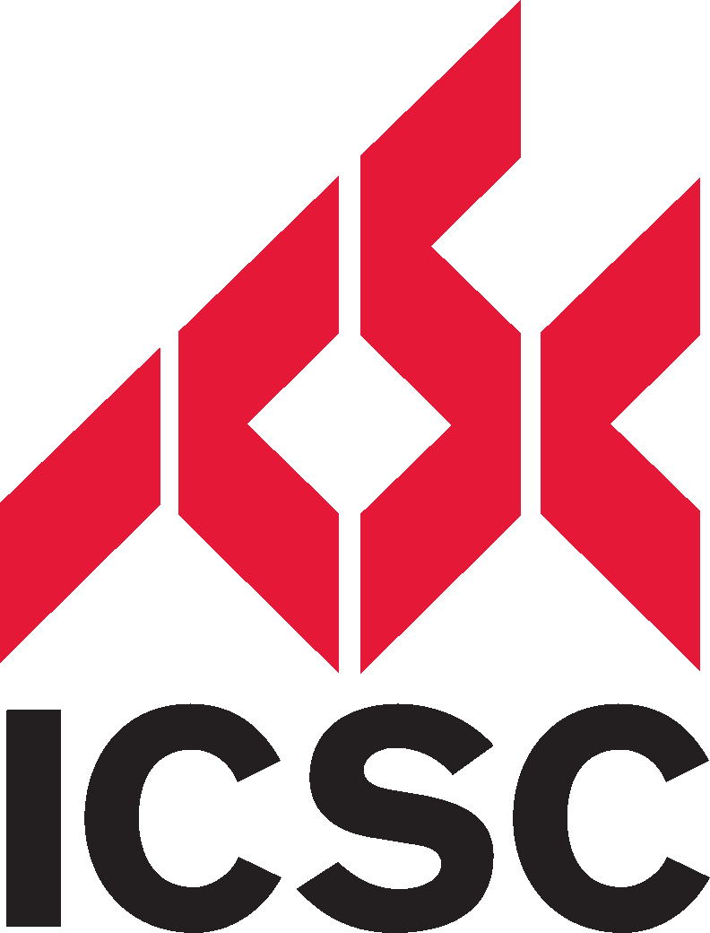 an abstract red logo with the black acronym ICSC