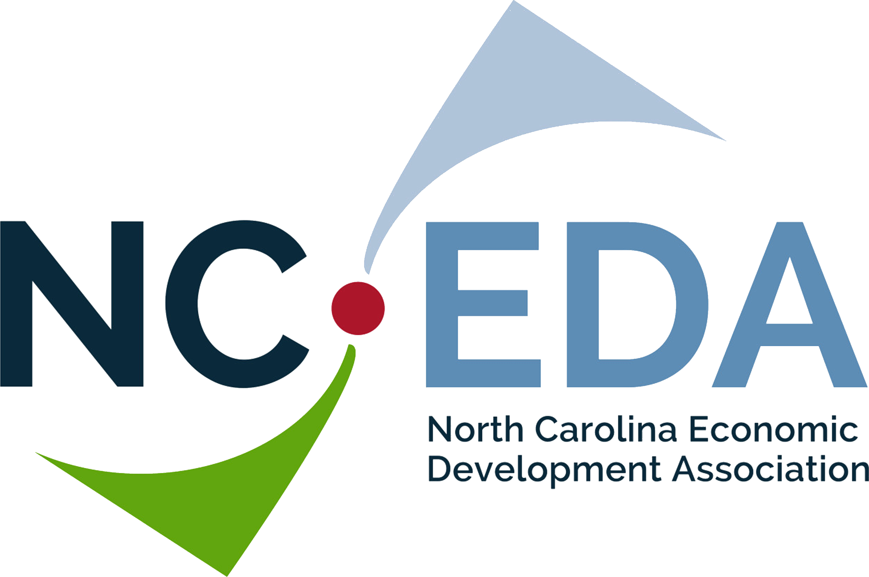 A green and blue logo with a red dot in the middle