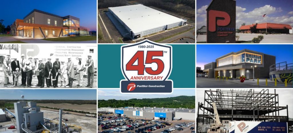 poettker-45th-anniversary-2025-1100x500-main A logo with the number 45 surrounded by construction images