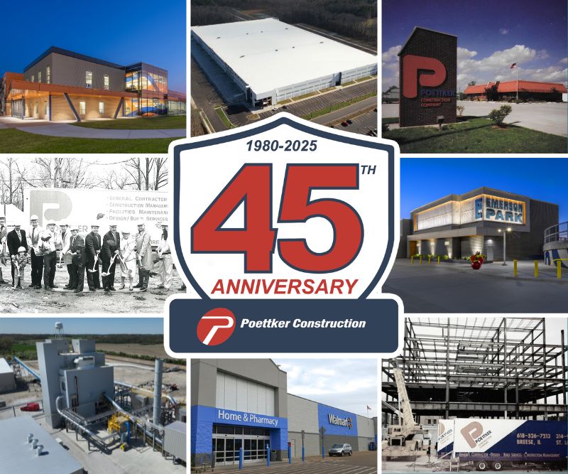 A logo with a red 45 with 8 construction images surrounding it