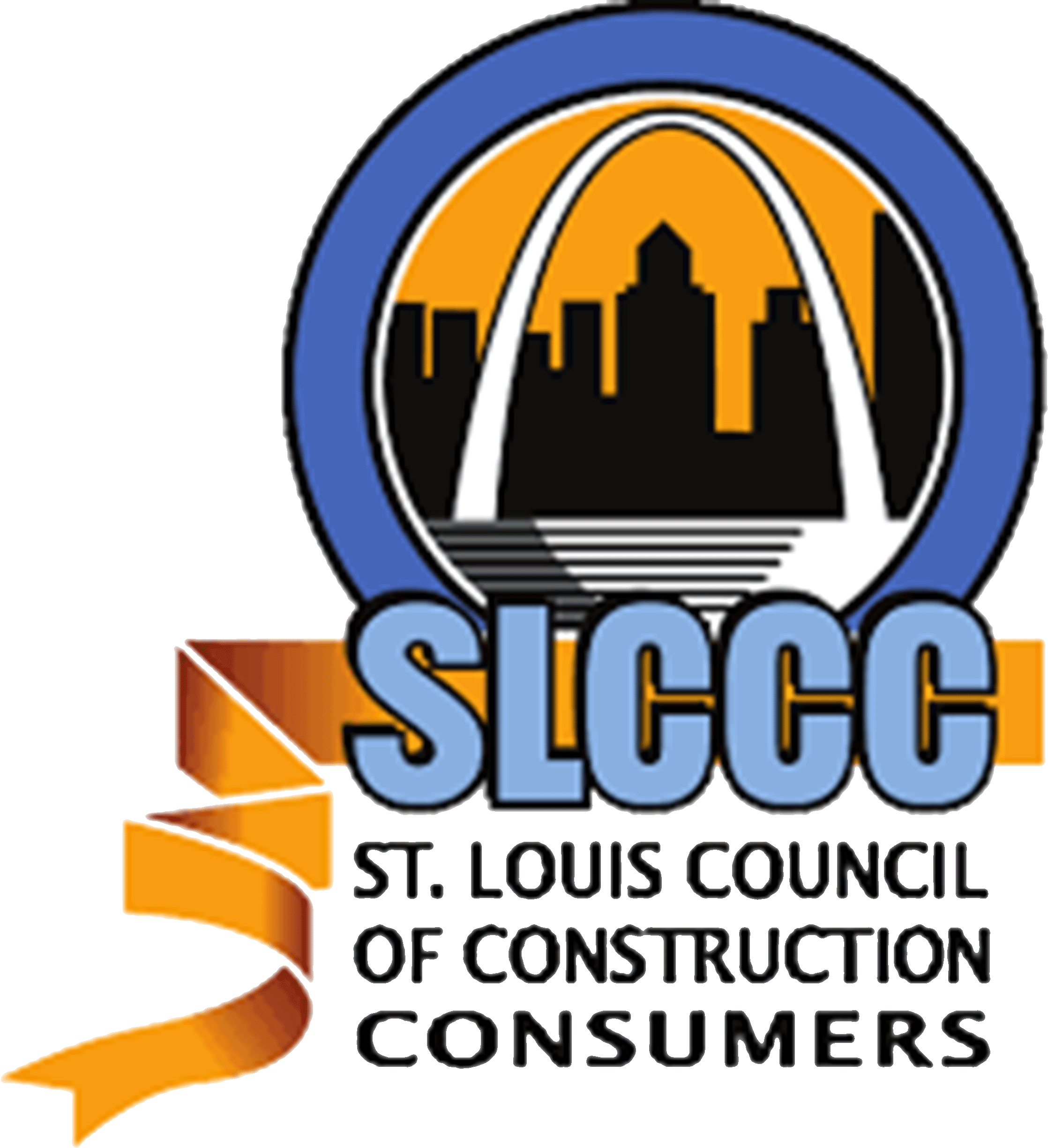 Round emblem with the St. Louis city skyline and an orange ribbon