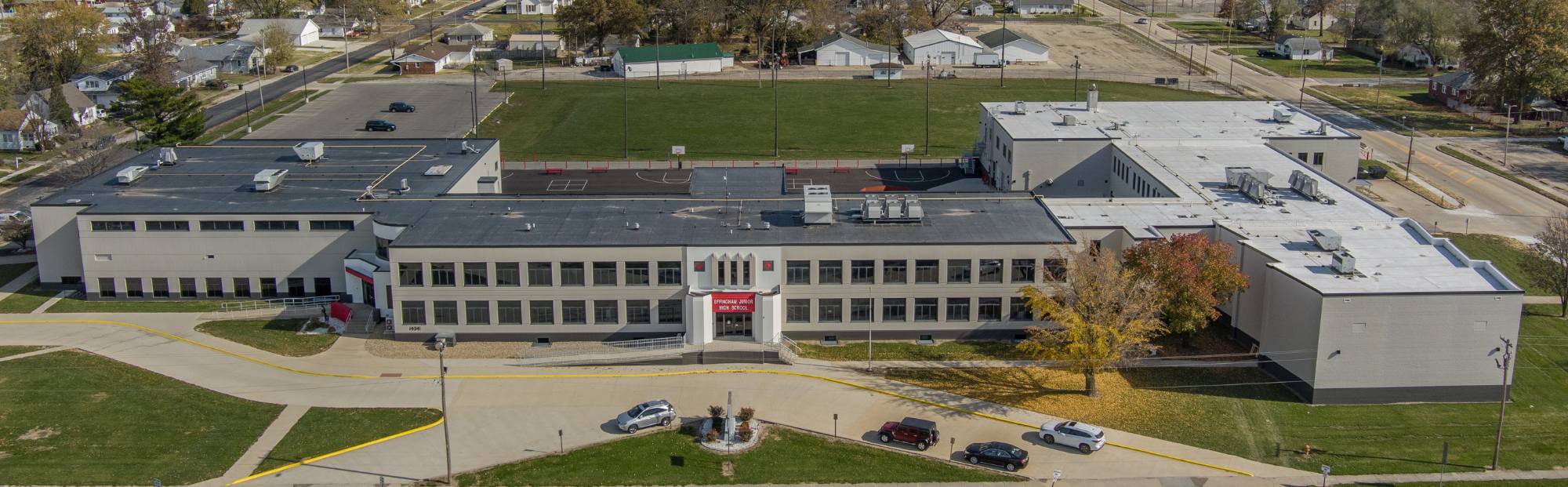 long gray high school building