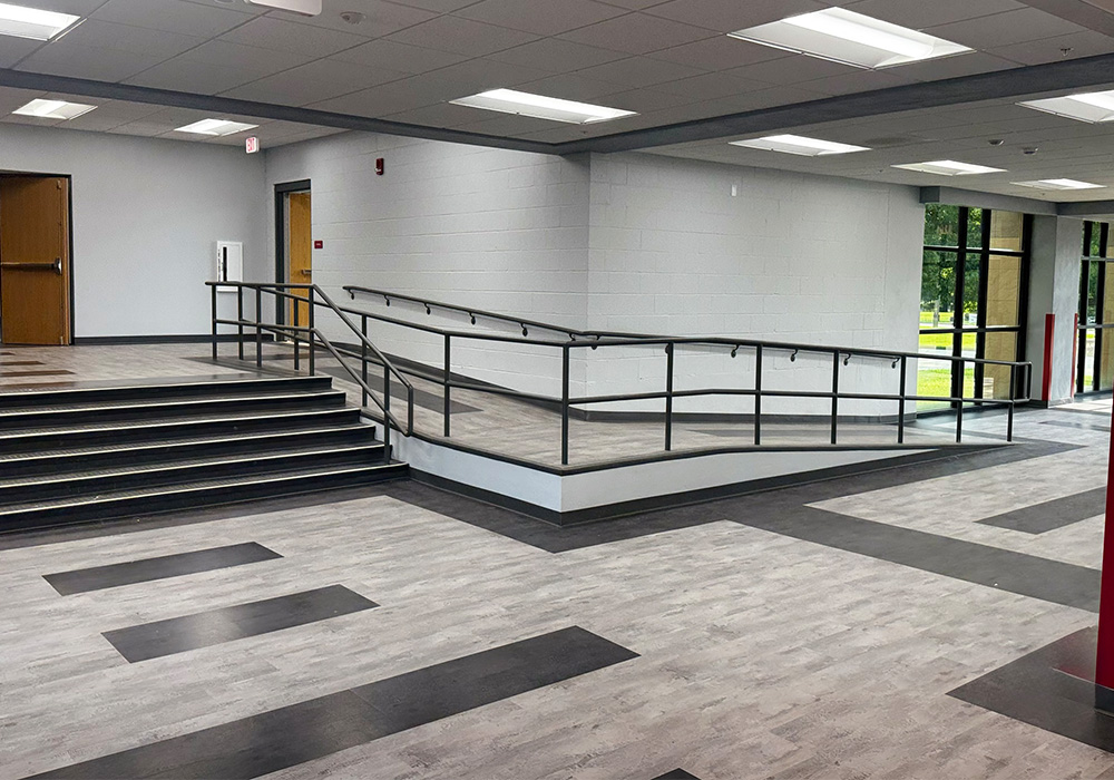 Stairs and ramp inside of a high school