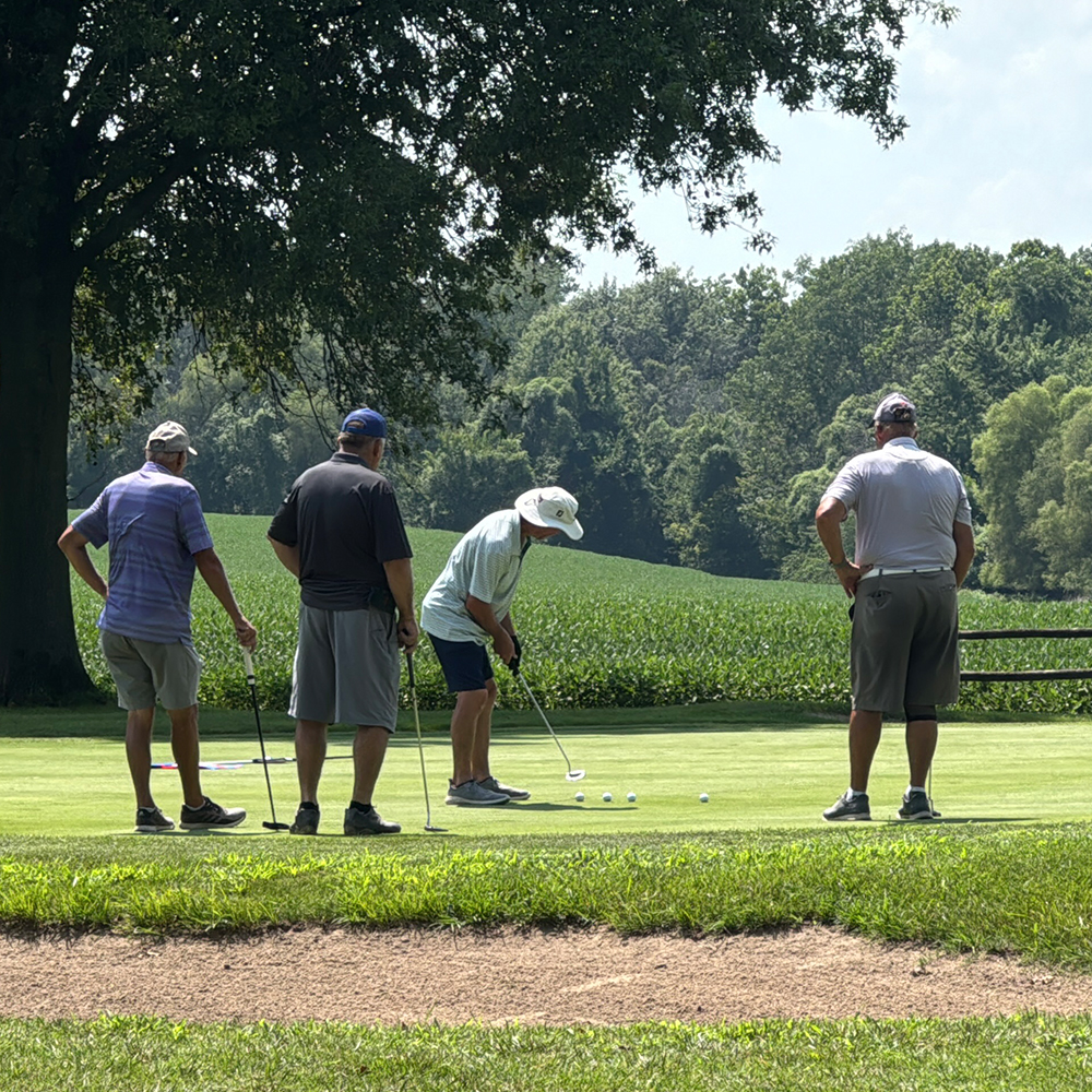 A golfer putts on the green while three golfers watch