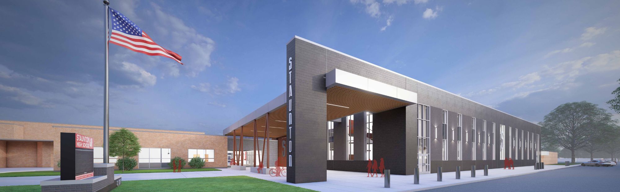 Digital rendering of a high school building in front of a blue sky