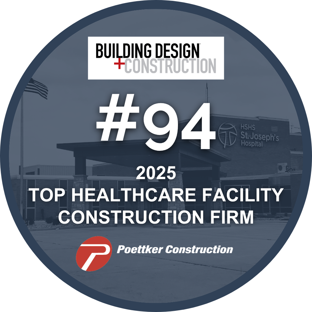 2025-Top-Healthcare-Facility-Construction-Firm Round award emblem with the Building Design+Construction logo and the exterior of a hospital
