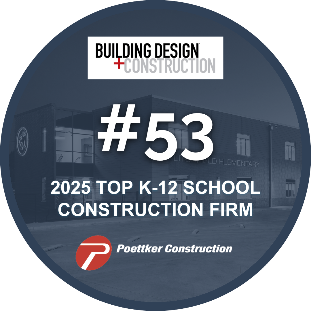 The Building Design+Construction logo in a circular award emblem and the exterior of a school