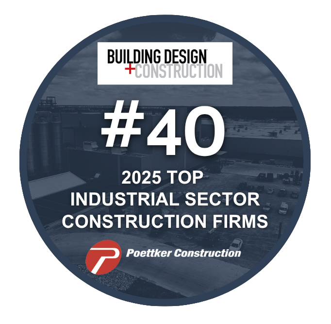 A round awards emblem with the Building Design+Construction logo and the text "#40 Top Industrial Sector Construction Firms"