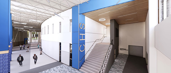 Digital rendering of a high school hallway