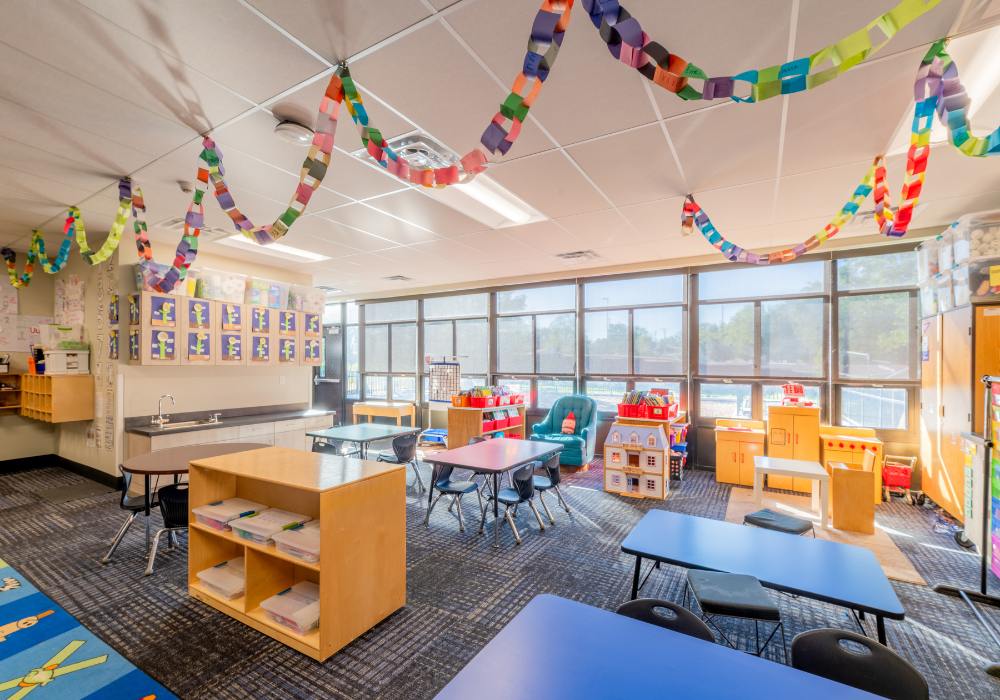 early elementary school classroom with tables and chairs