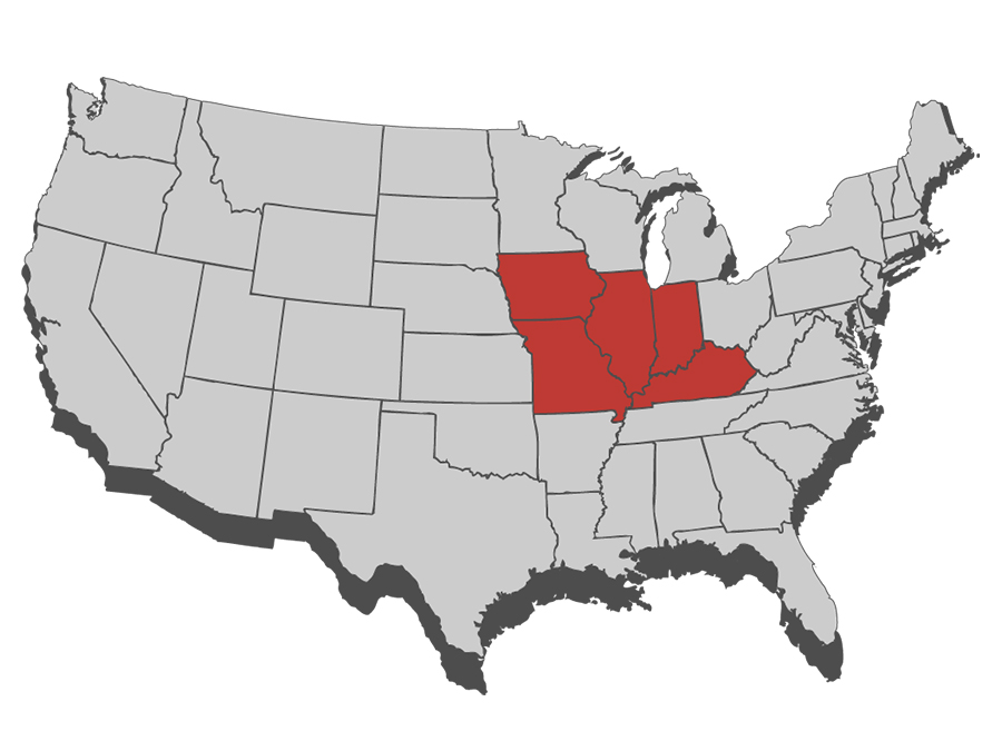 A map with Iowa, Missouri, Illinois, Indiana and Kentucky highlighted in red
