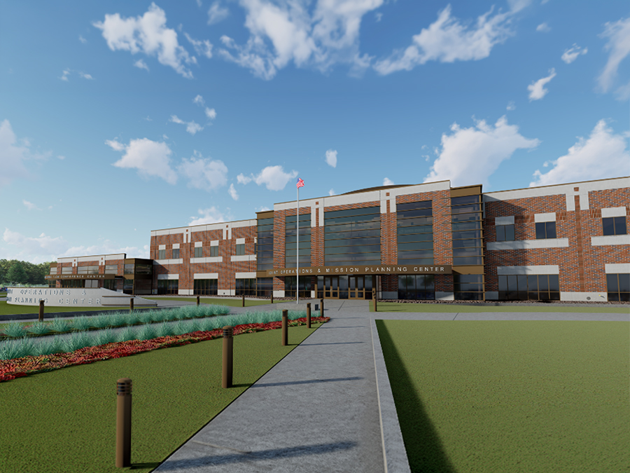 Digital rendering of a multi-story, brick air force center building
