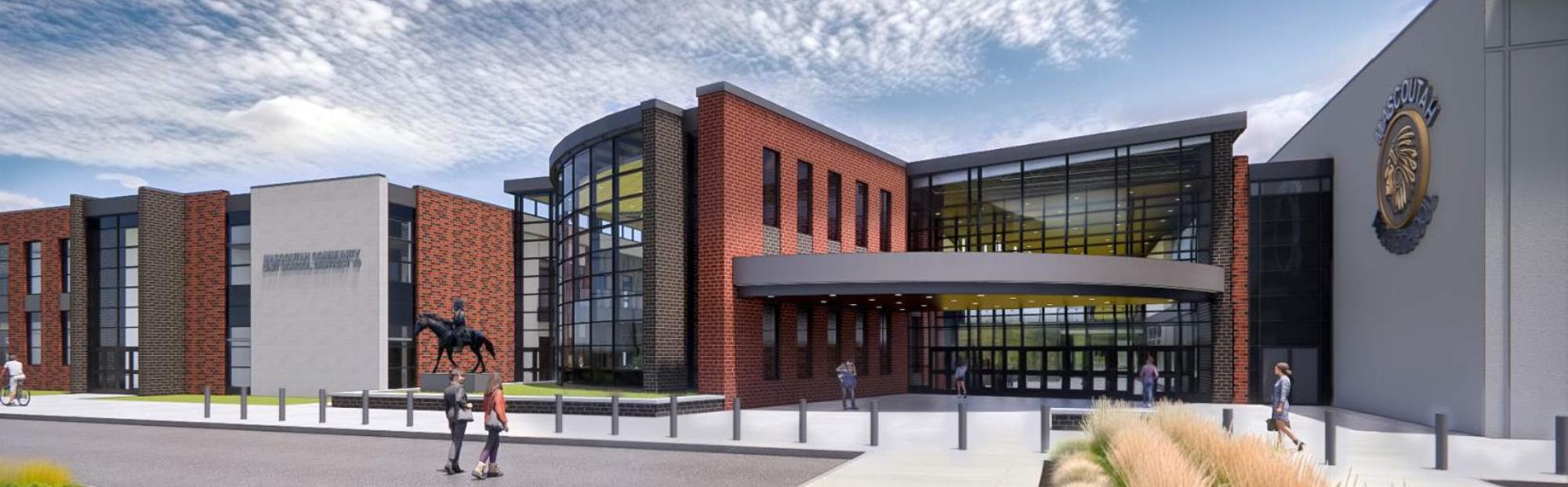 Digital rendering of the exterior of a two-story high school