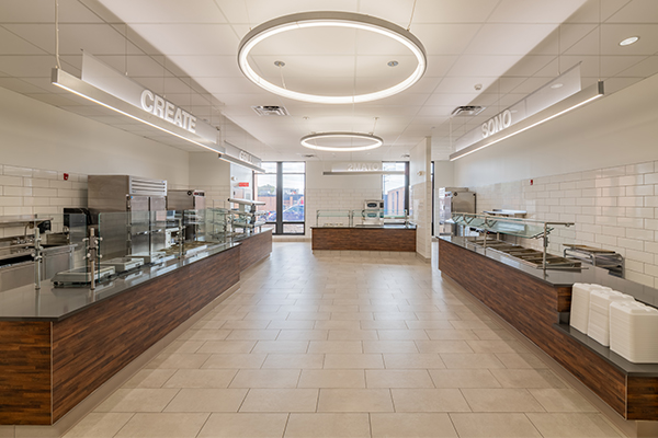 A modern, newly updated school kitchen