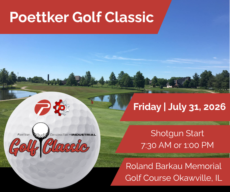 A golf course with a golf ball that has the Poettker Construction logo and Poettker Industrial logo on it