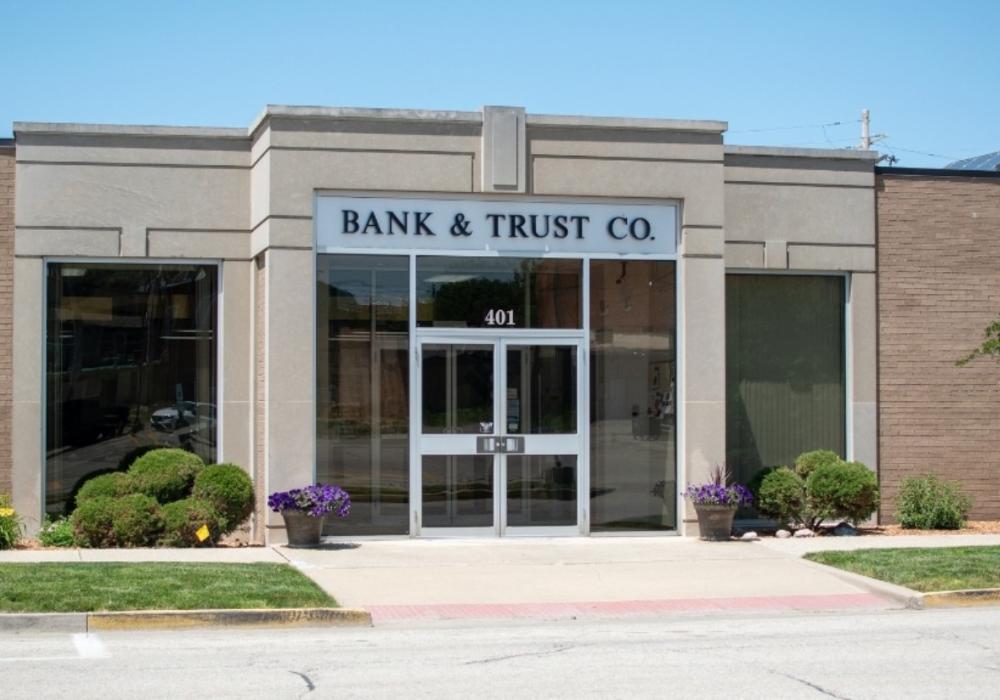 bank building entrance with glass double doors