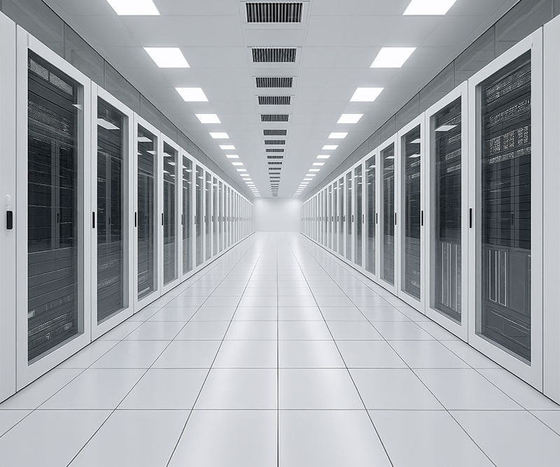 Data center hallway with white tile flooring